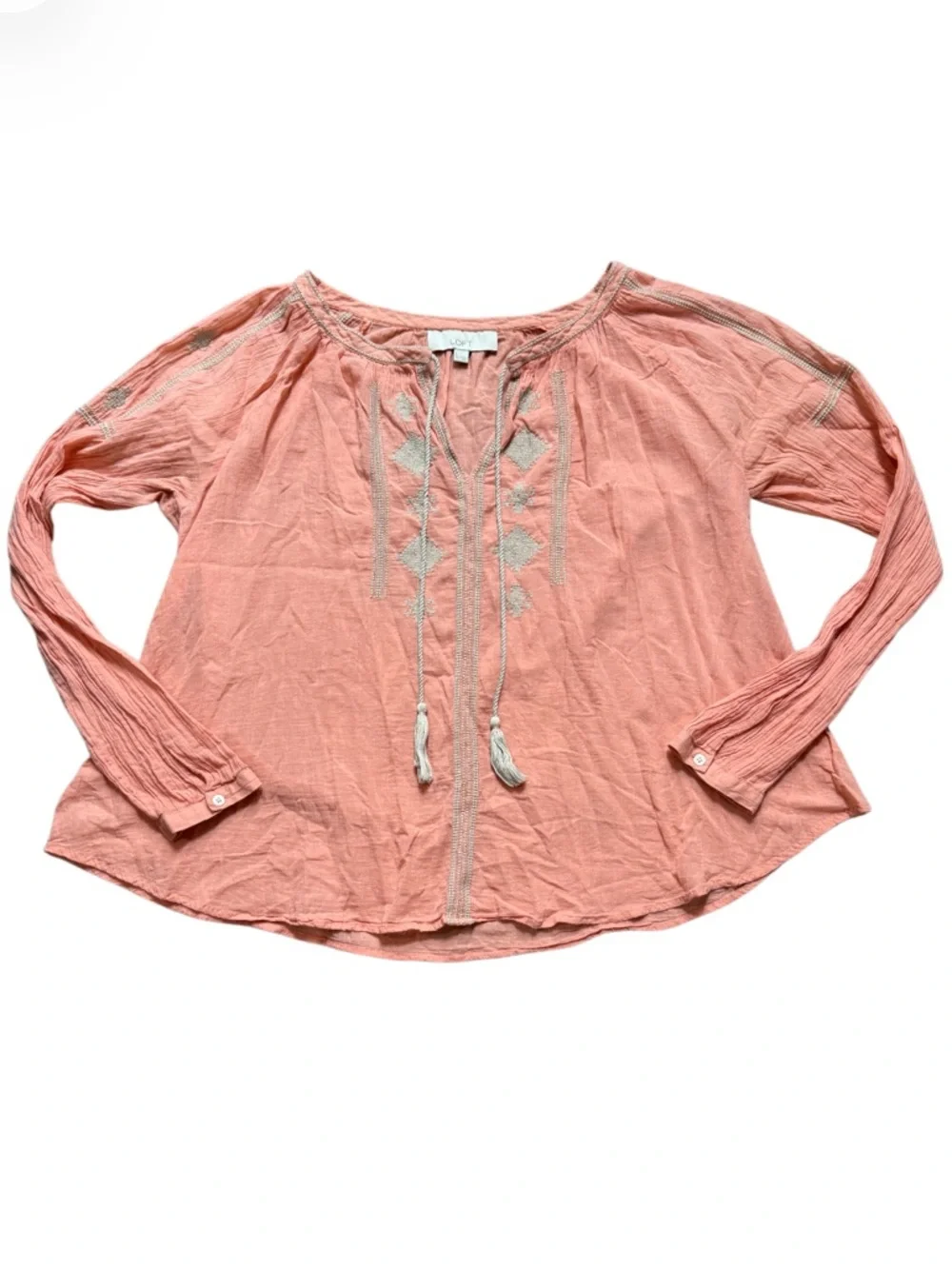 LOFT Coral Pink 100% Cotton Embroidered Boho Chic Indie Tassel Top Size Medium - Picture 2 of 8